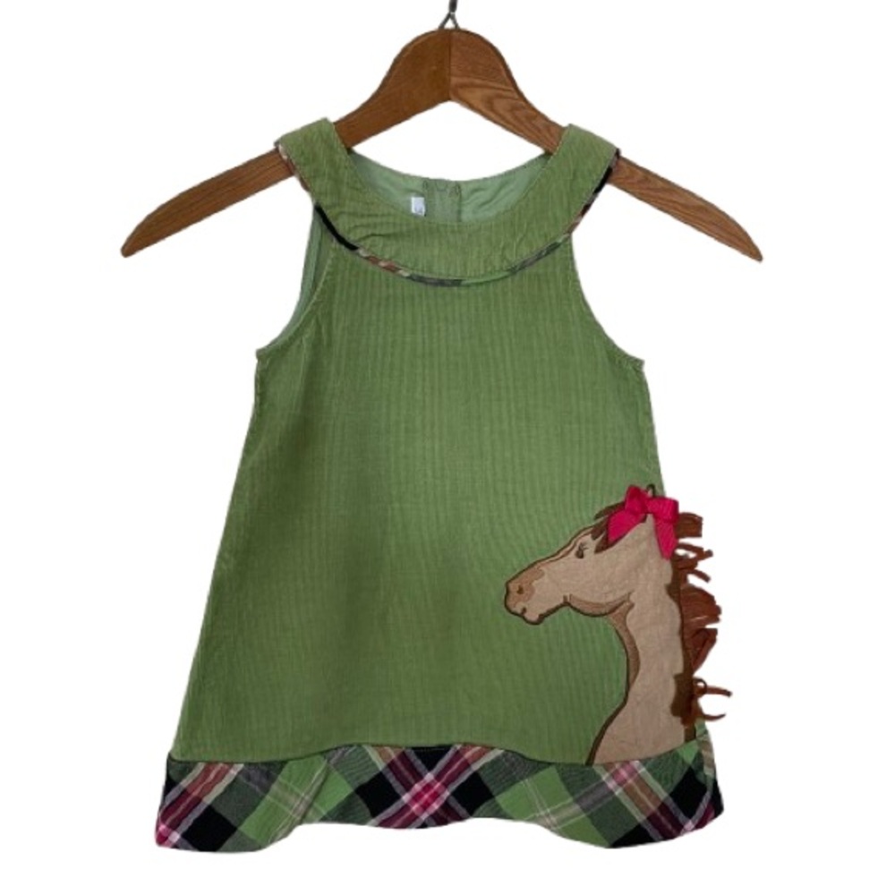 Bonnie Jean Girl's Green Corduroy Jumper Size 3T with Horse Appliqué Cotton